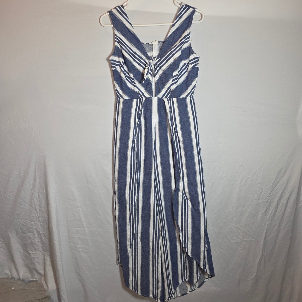 Taylor & Sage Blue White Striped Cotton Linen Sleeveless Tie Front Tulip Jumpsui